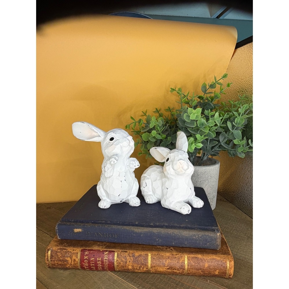 White Distressed Bunny Rabbit Figurines Set of 2 Farmhouse Easter Decor